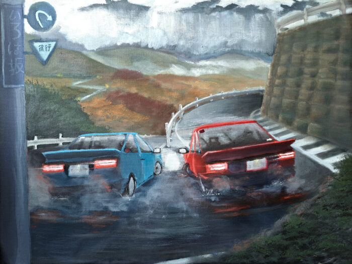 this painting contains a scenic route of Japan in the fall just after the rain, two cars can be seen drifting upwards along the mountain.