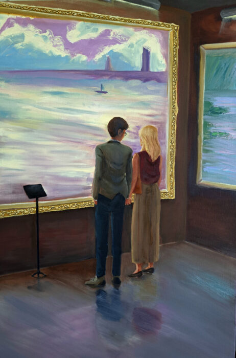 two people in an art gallery looking at Monet-like paintings, the man is watching the woman look at the paintings.