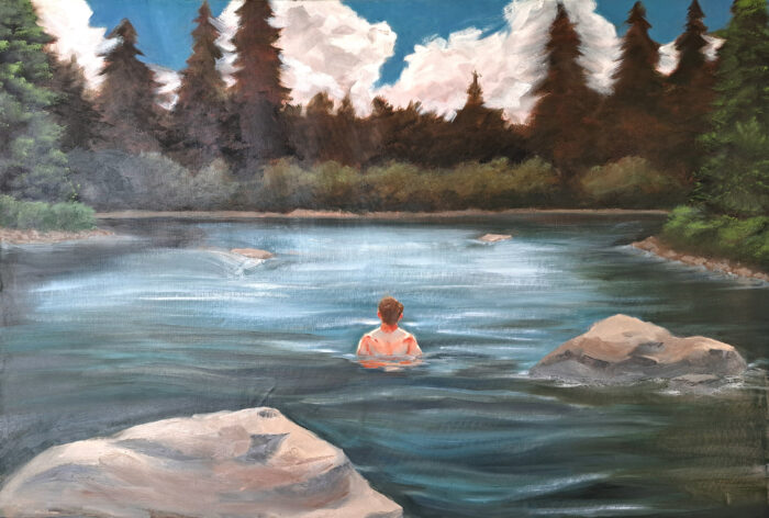 this is a landscape of the northwest in America, it depicts a man in a body of water.