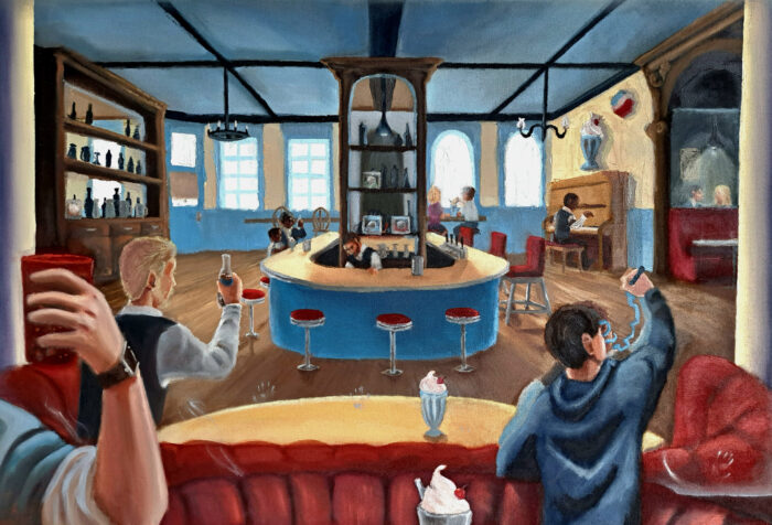 This painting is of a soda shop where kids and families can be seen enjoying the festivities. there are different reflections in the mirrors than what is depicted creating portals into different times.